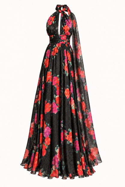 FLORAL SILK HALTER GOWN