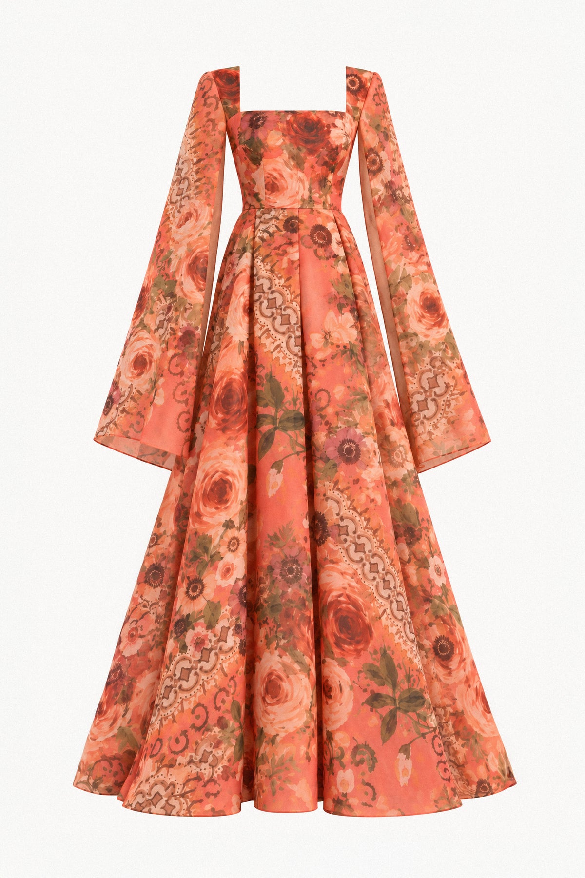 CORAL FLORAL SILK ORGANZA CAPE GOWN