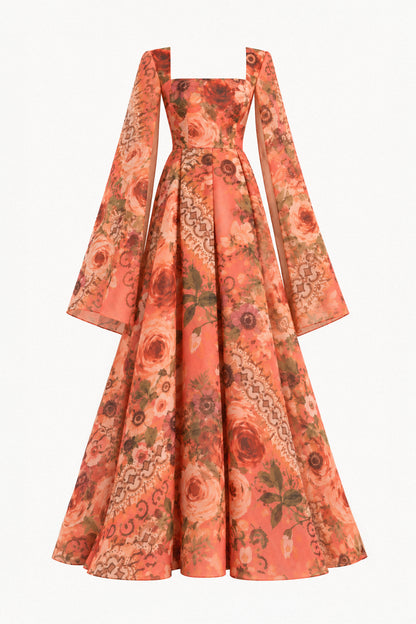 CORAL FLORAL SILK ORGANZA CAPE GOWN