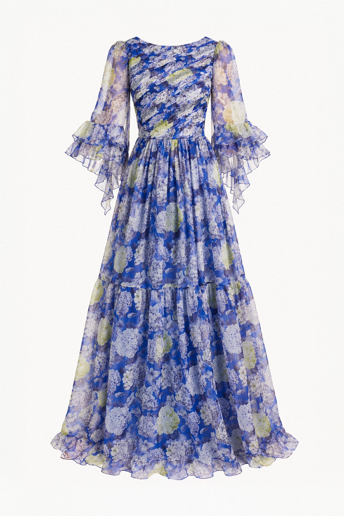 BLUE HYDRANGEA SILK CHIFFON GOWN