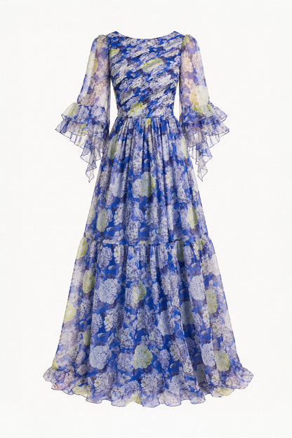 BLUE HYDRANGEA SILK CHIFFON GOWN