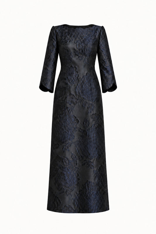 EMBOSSED FLORAL SILK TAFFETA DRESS