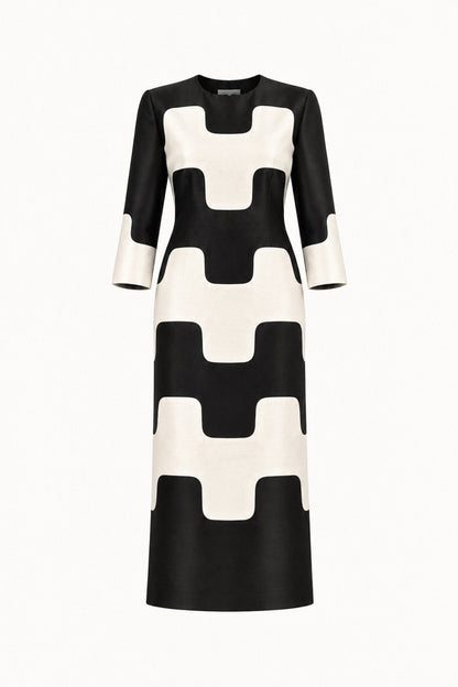GRAPHIC SILK DUPION COLUMN DRESS