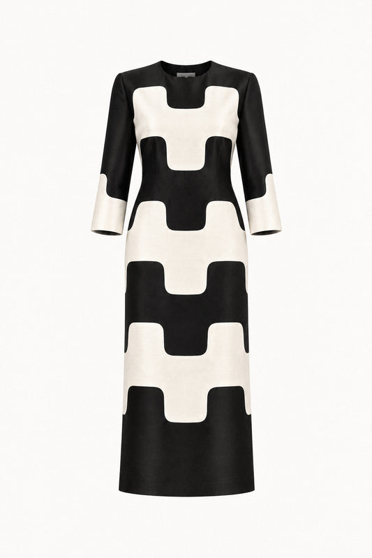 GRAPHIC SILK DUPION COLUMN DRESS