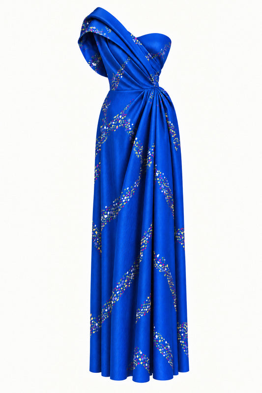 COBALT DRAPED SILK GOWN