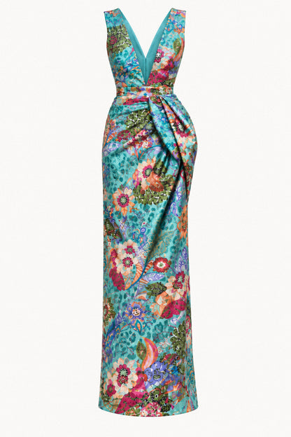 BOTANICAL SILK COLUMN GOWN