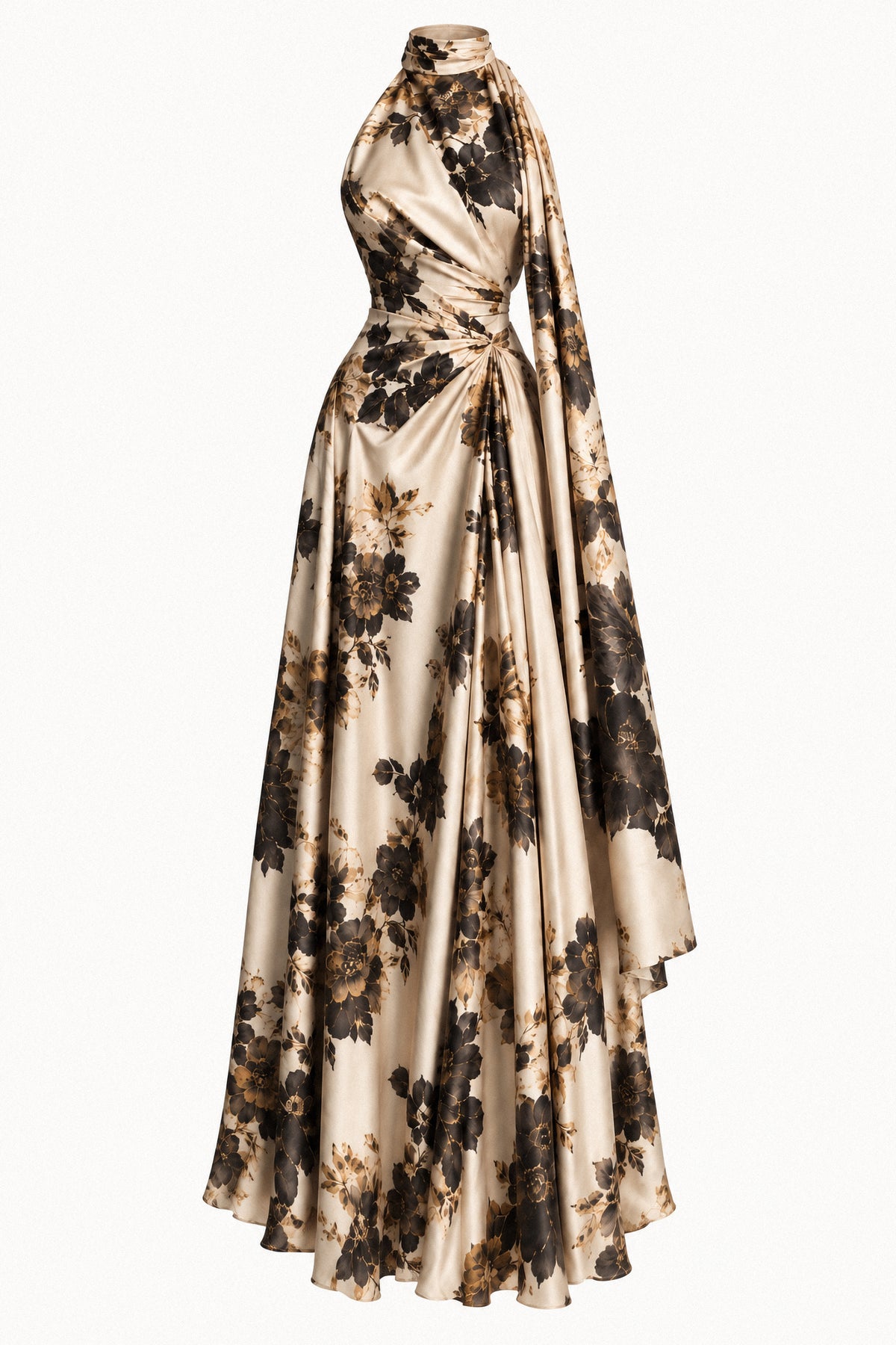 CHAMPAGNE FLORAL SILK HALTER GOWN