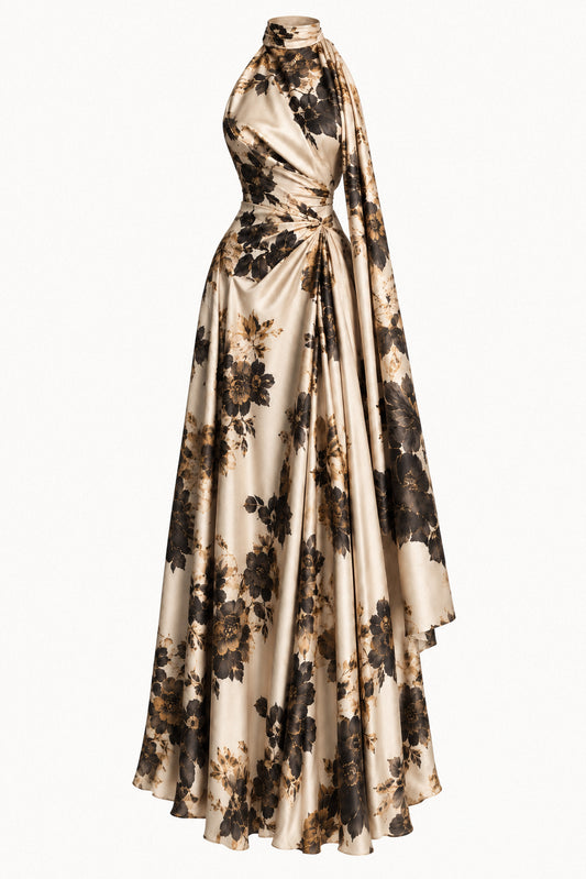 CHAMPAGNE FLORAL SILK HALTER GOWN