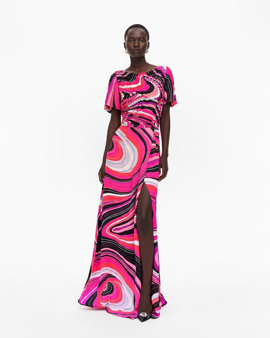 PRINTED SILK DRAPED GOWN