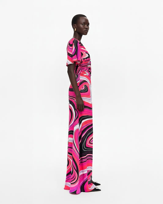PRINTED SILK DRAPED GOWN