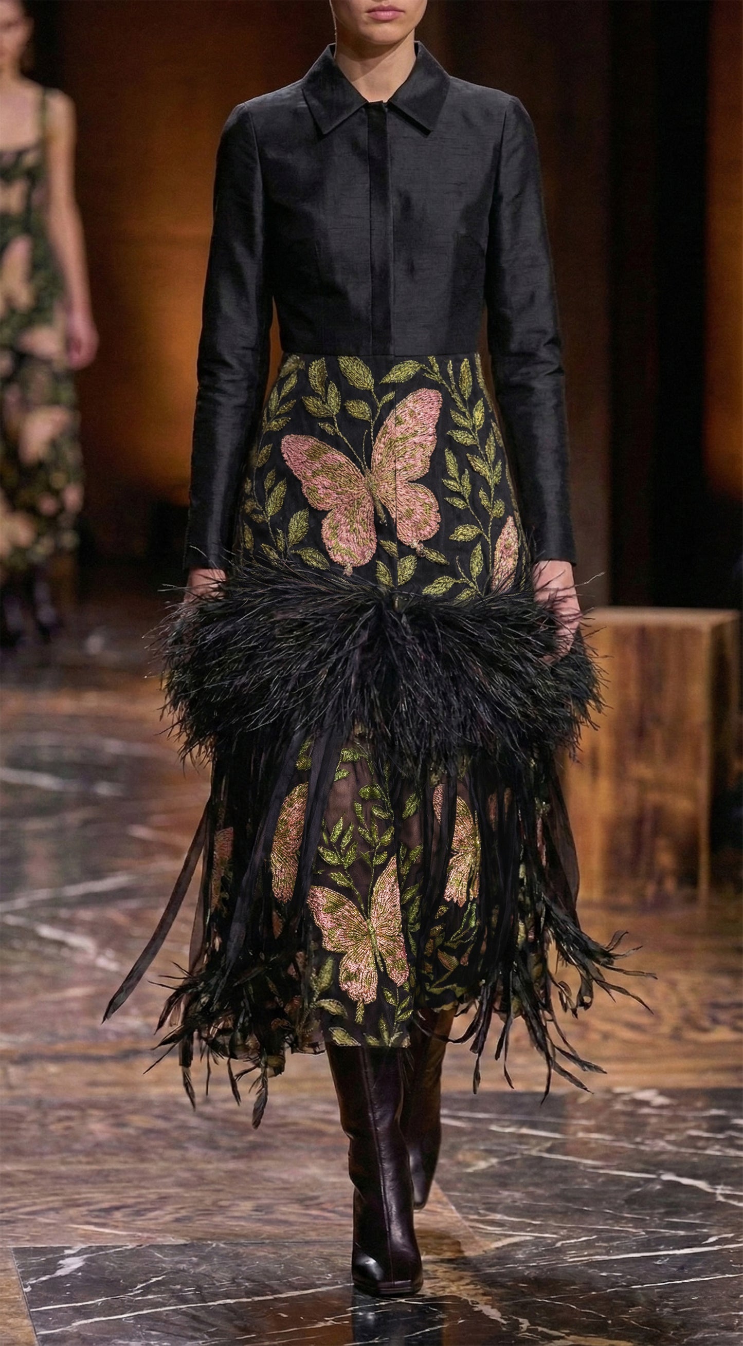 SILK SHANTUNG AND EMBROIDERED ORGANZA COAT DRESS