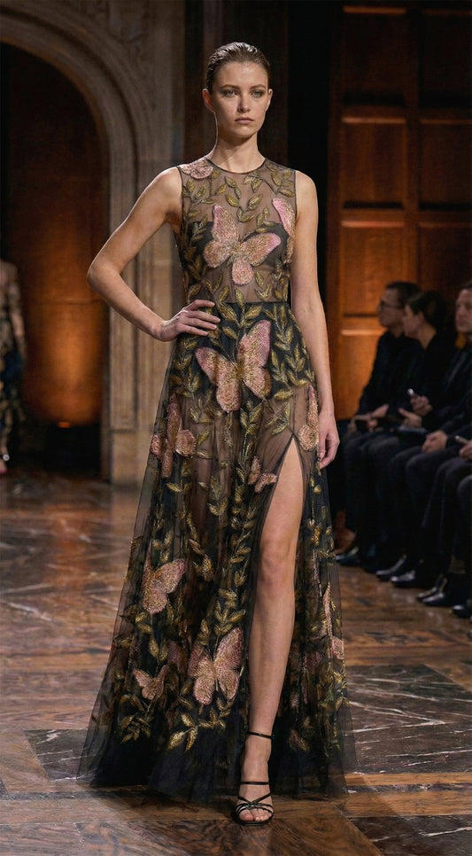 EMBROIDERED SILK ORGANZA BUTTERFLY GOWN