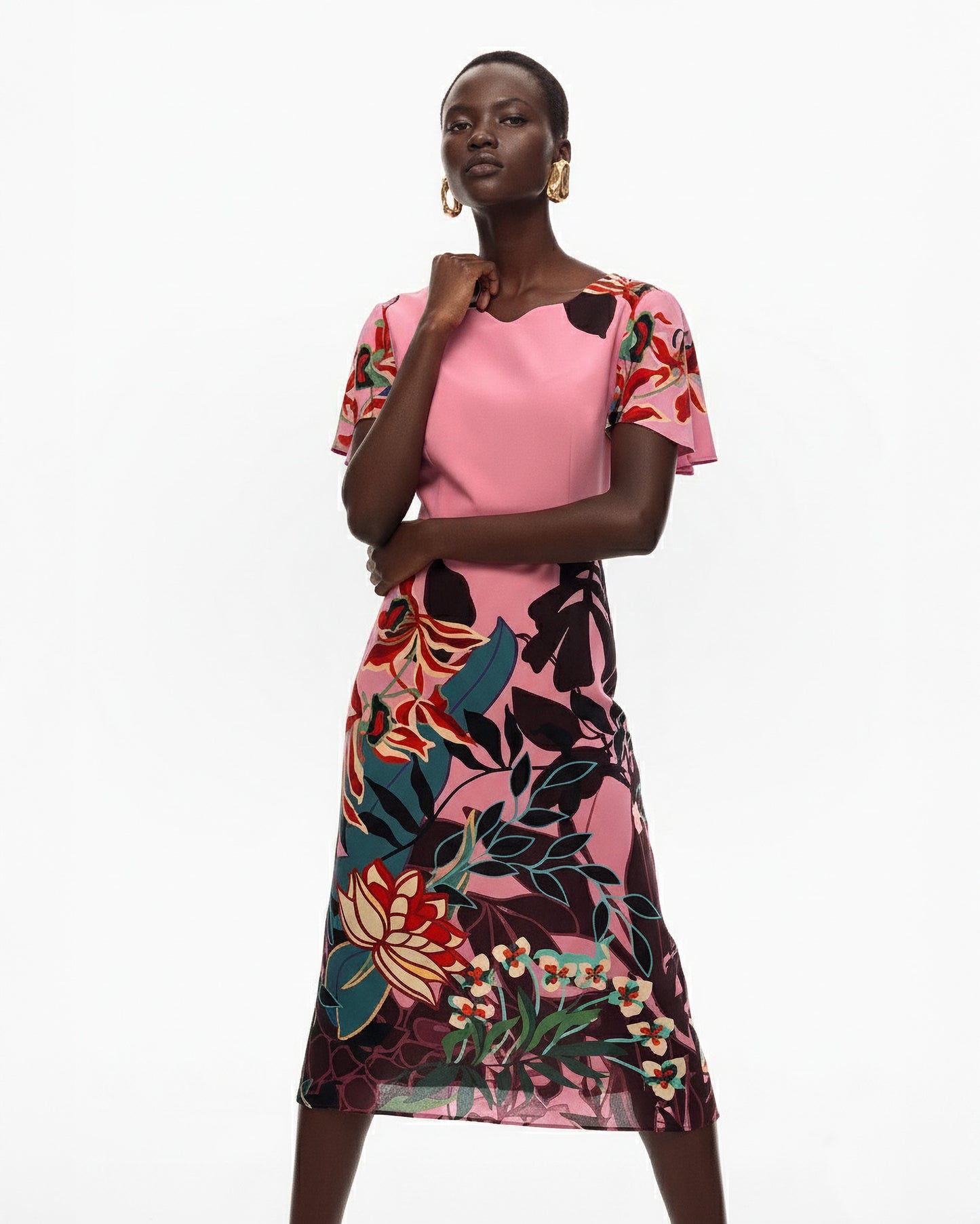 FLORAL PANEL SILK MIDI DRESS