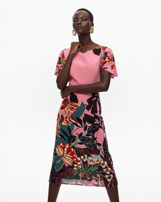 FLORAL PANEL SILK MIDI DRESS