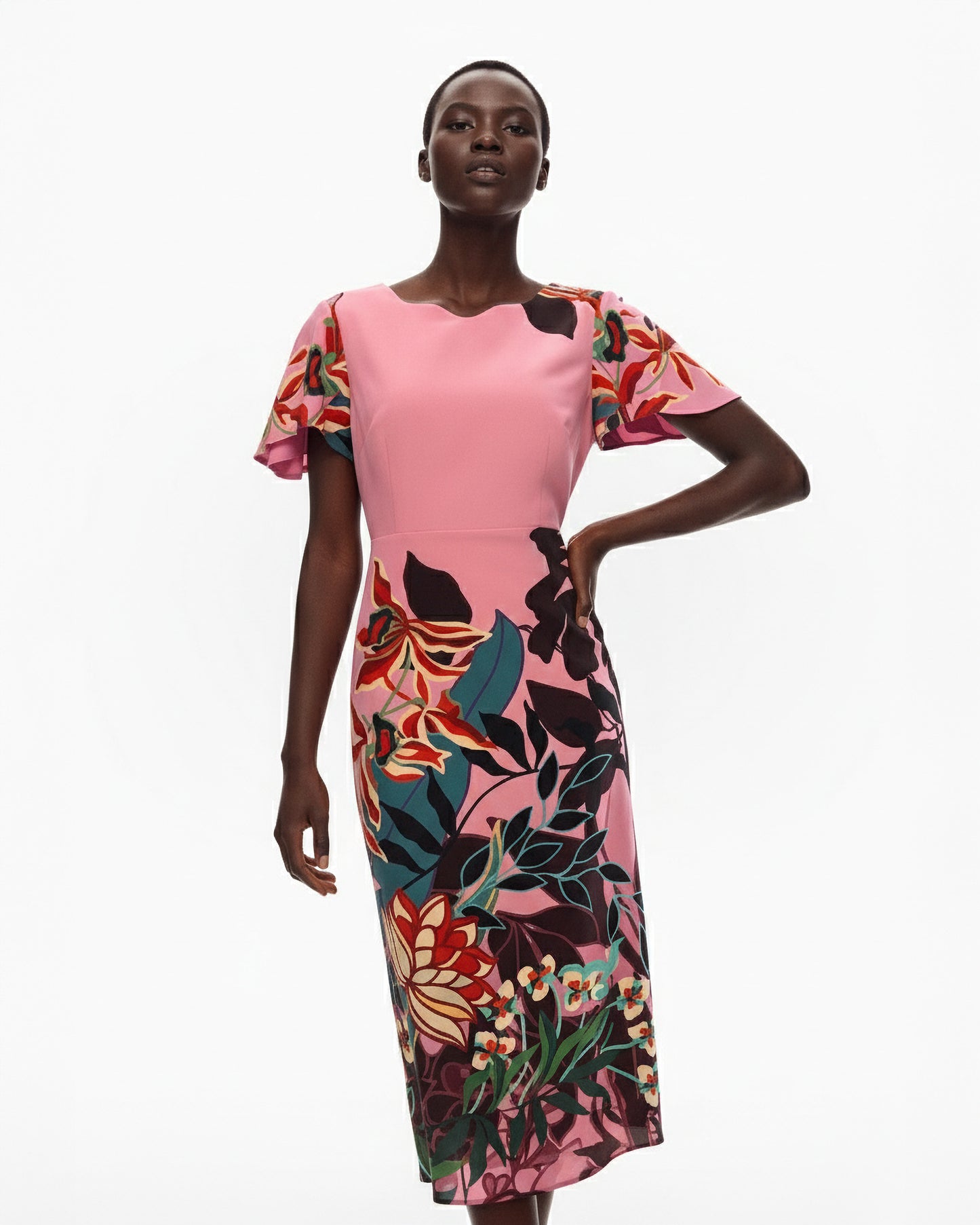 FLORAL PANEL SILK MIDI DRESS