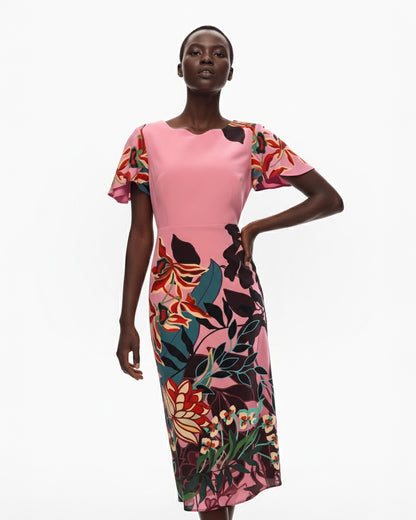 FLORAL PANEL SILK MIDI DRESS