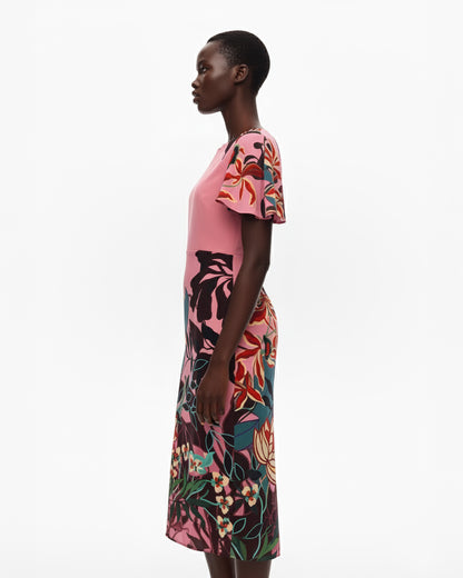 FLORAL PANEL SILK MIDI DRESS